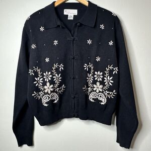 VTG 80s Milano Embroidered Cardigan Women's L Black Floral Paisley Grandmacore